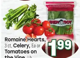 Tony’s Fresh Market Romaine Hearts, 3 ct, Celery, Ea or Tomatoes on the Vine, Lb offer