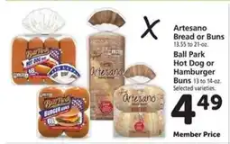 Safeway Artesano Bread or Buns, Ball Park Hot Dog or Hamburger Buns offer