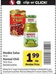 Safeway Herdez Salsa / Hormel Chili offer