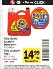 Safeway Tide Liquid Laundry Detergent / Tide Laundry Pods offer