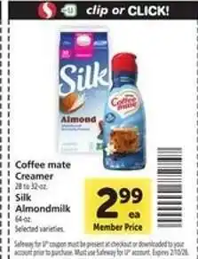 Safeway Coffee mate Creamer & Silk Almondmilk offer