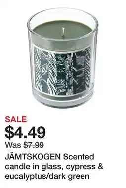 Ikea JÄMTSKOGEN Scented candle in glass, cypress & eucalyptus/dark green offer