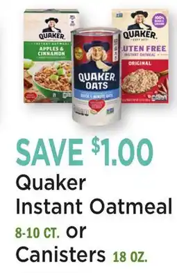 Heinen's Quaker Instant Oatmeal 8-10 CT. or Canisters 18 OZ offer