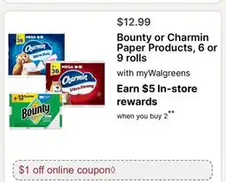 Walgreens Bounty or Charmin Paper Products, 6 or 9 rolls offer