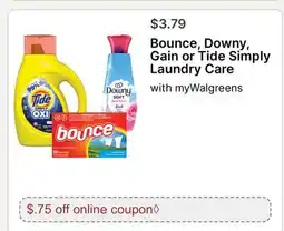 Walgreens Bounce, Downy, Gain or Tide Simply Laundry Care offer