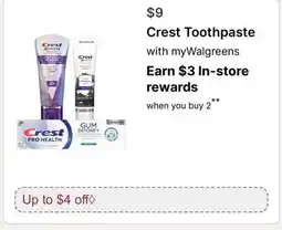 Walgreens Crest Toothpaste offer
