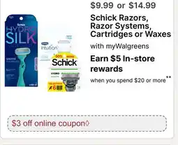 Walgreens Schick Razors, Razor Systems, Cartridges or Waxes offer