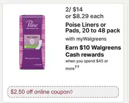 Walgreens Poise Liners or Pads, 20 to offer