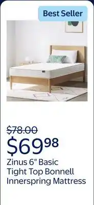Walmart Zinus 6 Basic Tight Top Bonnell Innerspring Mattress, Twin offer