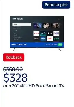 Walmart onn 70 Class 4K UHD Roku Smart Television, 100012588 offer