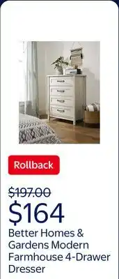 Walmart Better Homes & Gardens Modern Farmhouse 4-Drawer Dresser, Rustic White Finish offer