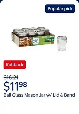 Walmart Ball Glass Mason Jar w/ Lid & Band, Regular Mouth offer