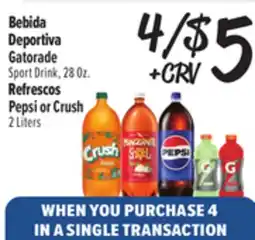 El Super Gatorade Sport Drink, 28Oz. Pepsi or Crush 2 Liters offer