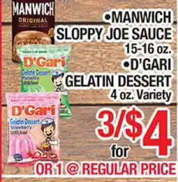 Torres Supermercado •MANWICH SLOPPY JOE SAUCE •D'GARI GELATIN DESSERT offer