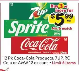 Winn Dixie 12 Pk Coca-Cola Products, 7UP, RC Cola or A&W 12 oz cans offer
