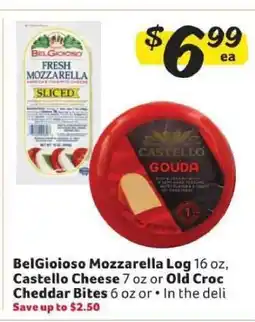 Winn Dixie BelGioioso Mozzarella Log, Castello Cheese, or Old Croc Cheddar Bites offer