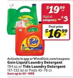 Winn Dixie Gain Liquid Laundry Detergent or Tide Laundry Detergent offer
