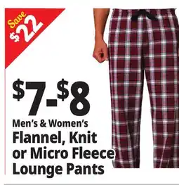Ocean State Job Lot Men's & Women's Flannel, Knit or Micro Fleece Lounge Pants offer