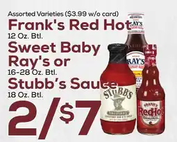 DeCicco & Sons Frank's Red Hot 12 Oz. Btl. Sweet Baby Ray's or 16-28 Oz. Btl. Stubb's Sauce 18 Oz. Btl offer