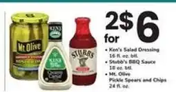 Safeway Ken's Salad Dressing, Stubb's BBQ Sauce, Mt. Olive Pickle Spears and Chips offer