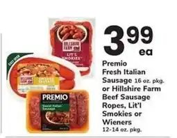 Safeway Premio Fresh Italian Sausage or Hillshire Farm Beef Sausage offer