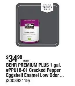 The Home Depot BEHR PREMIUM PLUS 1 gal. #PPU18-01 Cracked Pepper Eggshell Enamel Low Odor Interior Paint & Primer offer