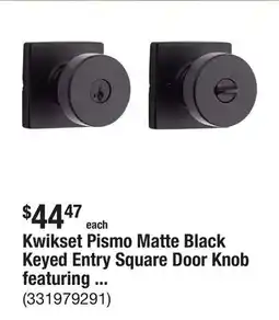 The Home Depot Kwikset Pismo Matte Black Keyed Entry Square Door Knob featuring SmartKey Technology offer