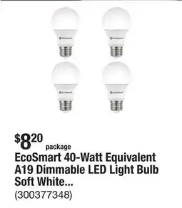 The Home Depot EcoSmart 40-Watt Equivalent A19 Dimmable LED Light Bulb Soft White (4-Pack) offer