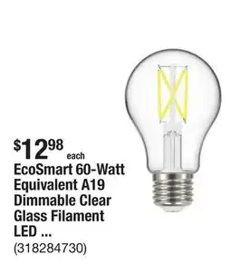 The Home Depot EcoSmart 60-Watt Equivalent A19 Dimmable Clear Glass Filament LED Light Bulb Soft White (4-Pack) offer