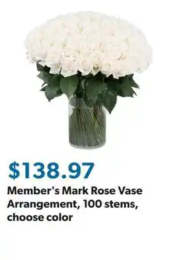 Sam's Club Member's Mark Rose Vase Arrangement, 100 stems, choose color offer