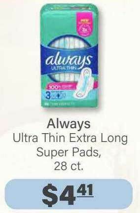 Commissary Always Ultra Thin Extra Long Super Pads, 28 Ct. offer
