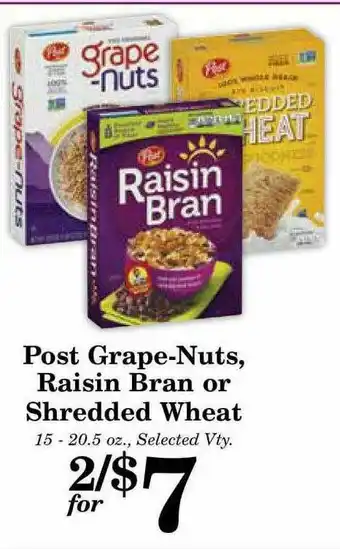 Harvest Foods Post Grape-nuts, Raisin Bran Or Shredded Wheat offer
