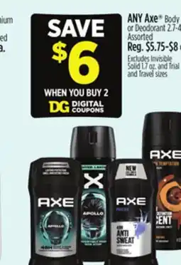 Dollar General ANY Axe Body Spray or Deodorant offer