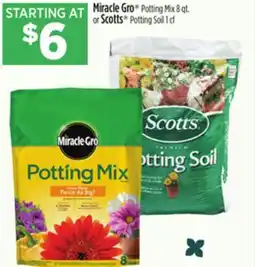 Dollar General Miracle Gro Potting Mix 8 qt. or Scotts Potting Soil 1 cf offer