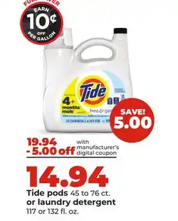 Hy-Vee Tide pods 45 to 76 ct. or laundry detergent 117 or 132 fl. oz offer