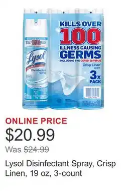 Costco Lysol Disinfectant Spray, Crisp Linen, 19 oz, 3-count offer