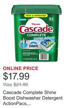 Costco Cascade Complete Shine Boost Dishwasher Detergent ActionPacs, Fresh, 92-count offer