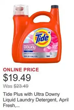 Costco Tide Plus with Ultra Downy Liquid Laundry Detergent, April Fresh, 100 Loads, 128 fl oz offer