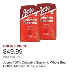 Costco Jose's 100% Colombia Supremo Whole Bean Coffee, Medium, 3 lbs, 2-pack offer