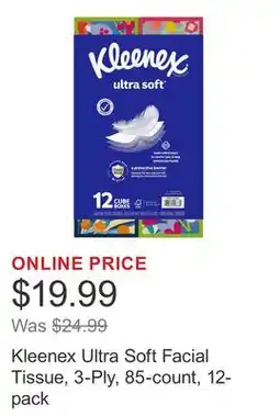 Costco Kleenex Ultra Soft Facial Tissue, 3-Ply, 85-count, 12-pack offer
