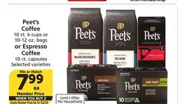 Albertsons Peet's Coffee 10 ct. k-cups or 10-12 oz. bags or Espresso Coffee 10 ct. capsules offer