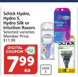 Vons Schick Hydro, Hydro 5, Hydro Silk or Intuition Razors offer