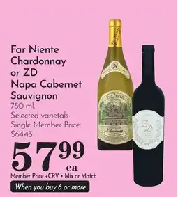 Pavilions Far Niente Chardonnay or ZD Napa Cabernet Sauvignon offer