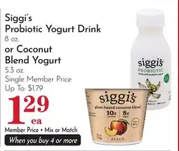 Pavilions Siggi's Probiotic Yogurt Drink 8 oz. or Coconut Blend Yogurt 5.3 oz offer