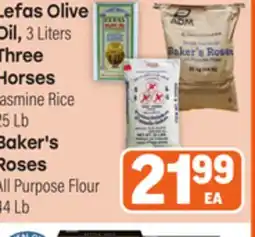 Tony’s Fresh Market Lefas Olive Oil, 3 Liters Three Horses Jasmine Rice 25Lb Baker's Roses All Purpose Flour 44Lb offer