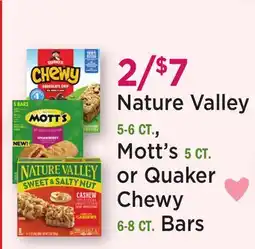 Heinen's Nature Valley 5-6 CT., Mott's 5 CT. or Quaker Chewy 6-8 CT. Bars offer