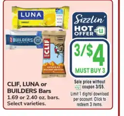 Jewel-Osco CLIF, LUNA or BUILDERS Bars offer