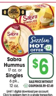 Jewel-Osco Sabra Hummus 17 oz. or Singles Singles 6 pk., 12 oz offer