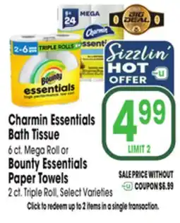 Jewel-Osco Charmin Essentials Bath Tissue 6 ct. Mega Roll or Bounty Essentials Paper Towels 2 ct. Triple Roll offer