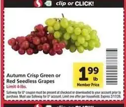 Safeway Autumn Crisp Green or Red Seedless Grapes offer
